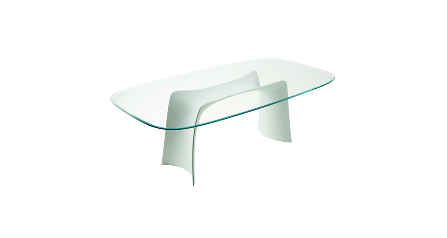 Mesa fija con base de baydur® y cubierta de vidrio o cristal-cerámico.