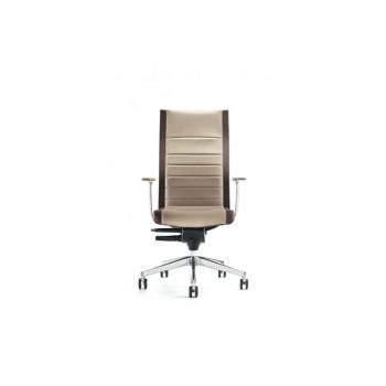Silla de escritorio direccional con asiento y respaldo tapizados; perfiles respaldo en aluminio pulido.